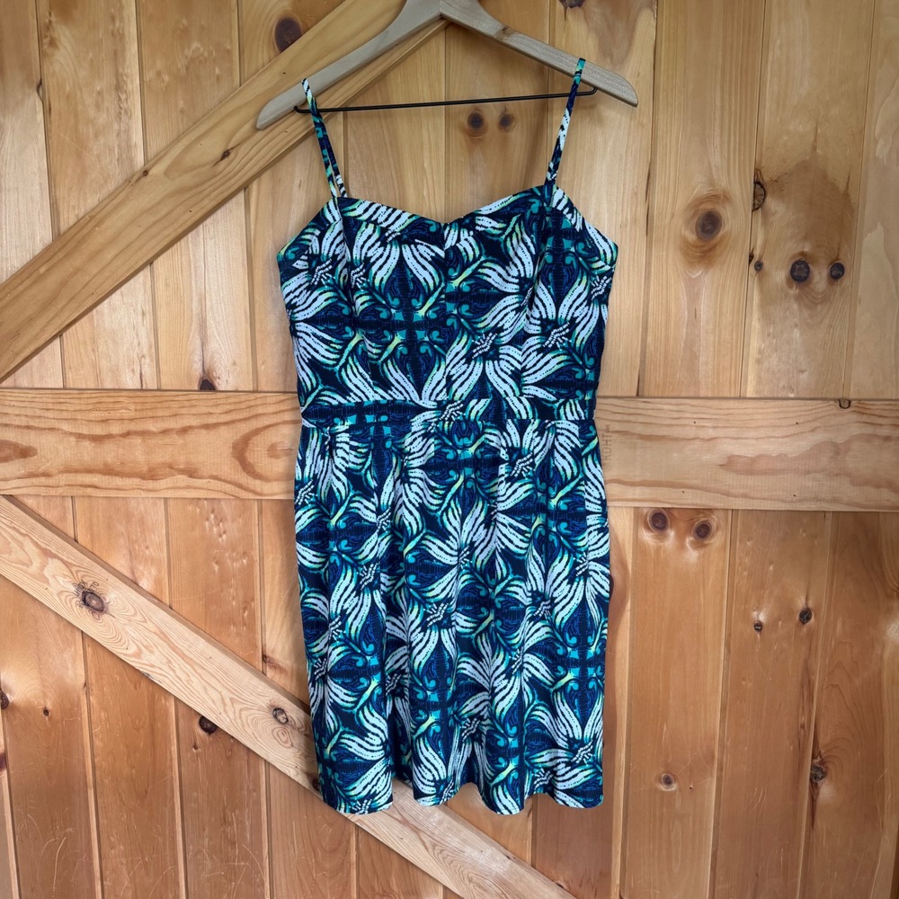 Gap Fit and Flare Dress Womens 12 Blue Green Tie Dye Medallion Spaghetti Strap